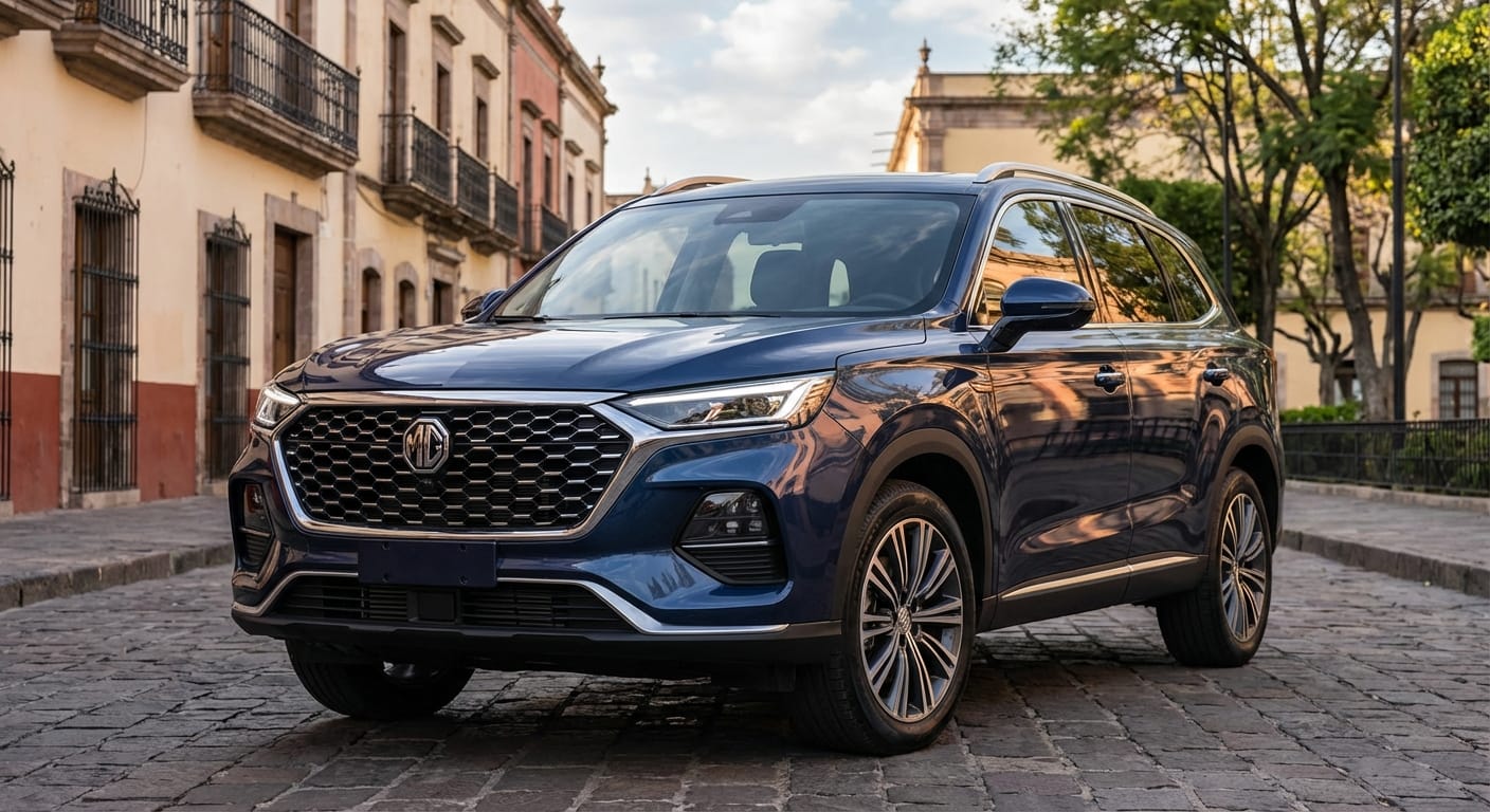 Vista frontal detallada de la MG RX9 2026, mostrando su parrilla cromada hexagonal y unidades de iluminación Full LED.