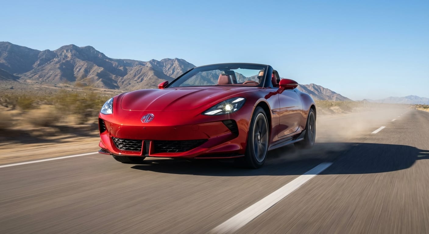 MG Cyberster 2026 acelerando de 0 a 100 km/h en una carretera mexicana, demostrando su potencia eléctrica instantánea