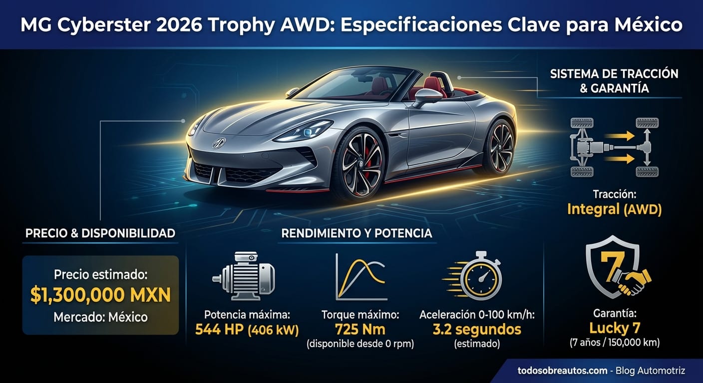 Infografía: MG Cyberster 2026 Trophy AWD: Especificaciones Clave para México