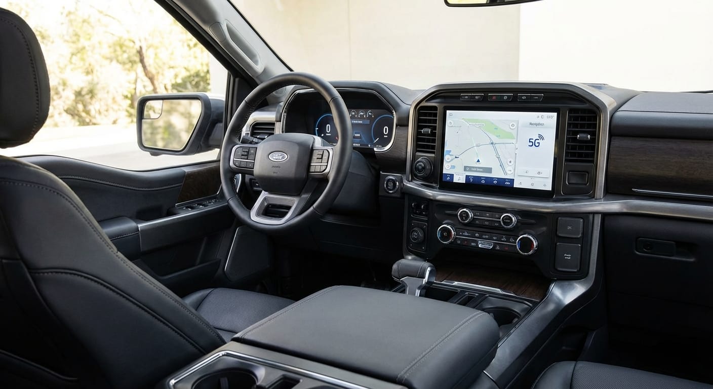 Interior tecnológico de la Ford Lobo 2025, destacando la pantalla de infoentretenimiento y conectividad 5G