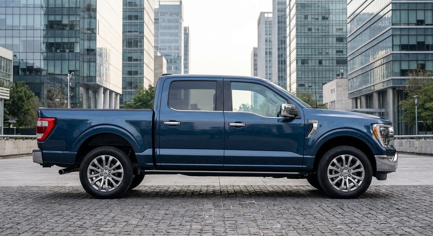 Ford Lobo 2025 estacionada en un entorno urbano moderno de México, mostrando su perfil y acabados premium