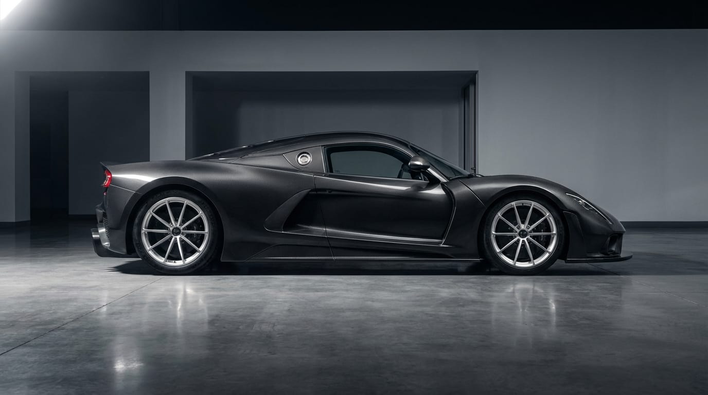 Hennessey Venom F5 - Vista lateral que muestra su diseño aerodinámico y carrocería de fibra de carbono