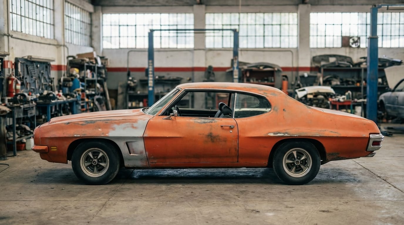 Pontiac GTO 1971 - Perfil lateral mostrando proceso de restauración en taller mexicano