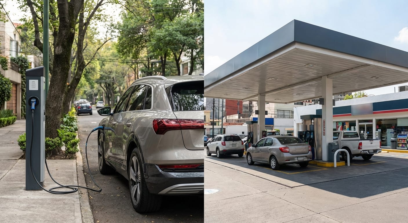 Comparación entre estación de carga eléctrica y gasolinera tradicional en México