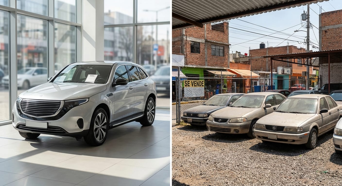 Contraste entre auto eléctrico nuevo en agencia y autos seminuevos a gasolina en lote de venta