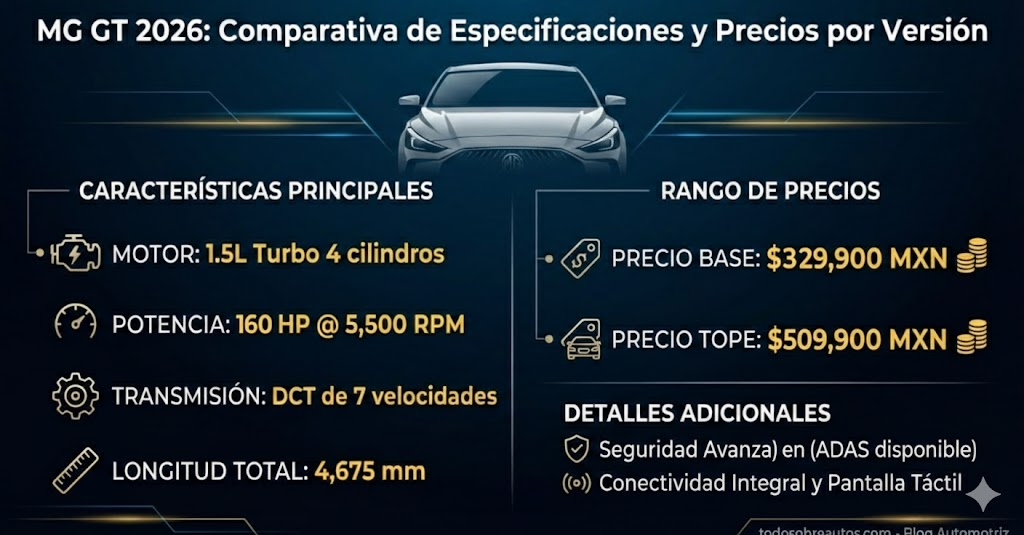 Infografía: MG GT 2026: Comparativa de Especificaciones y Precios por Versión