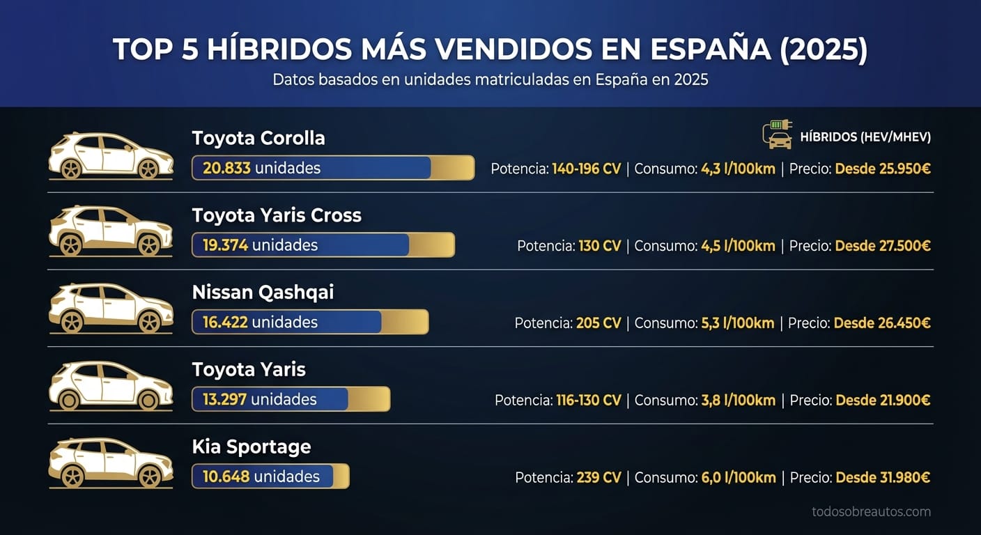 Infografía comparativa: Top 5 Híbridos más Vendidos en España 2025 - Unidades, potencia, consumo y precio