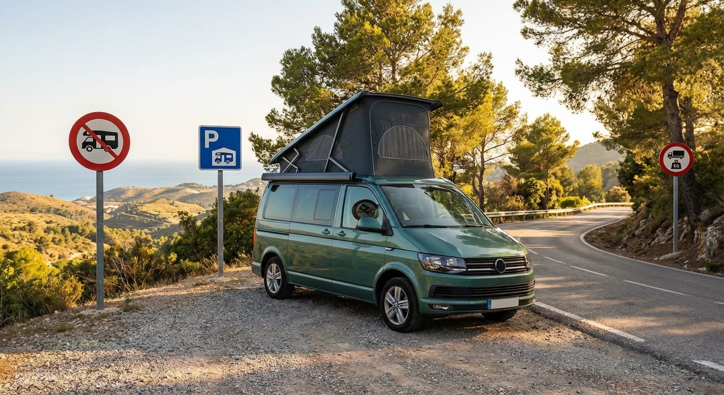 Infografía detallada con señales de tráfico españolas relevantes para autocaravanas