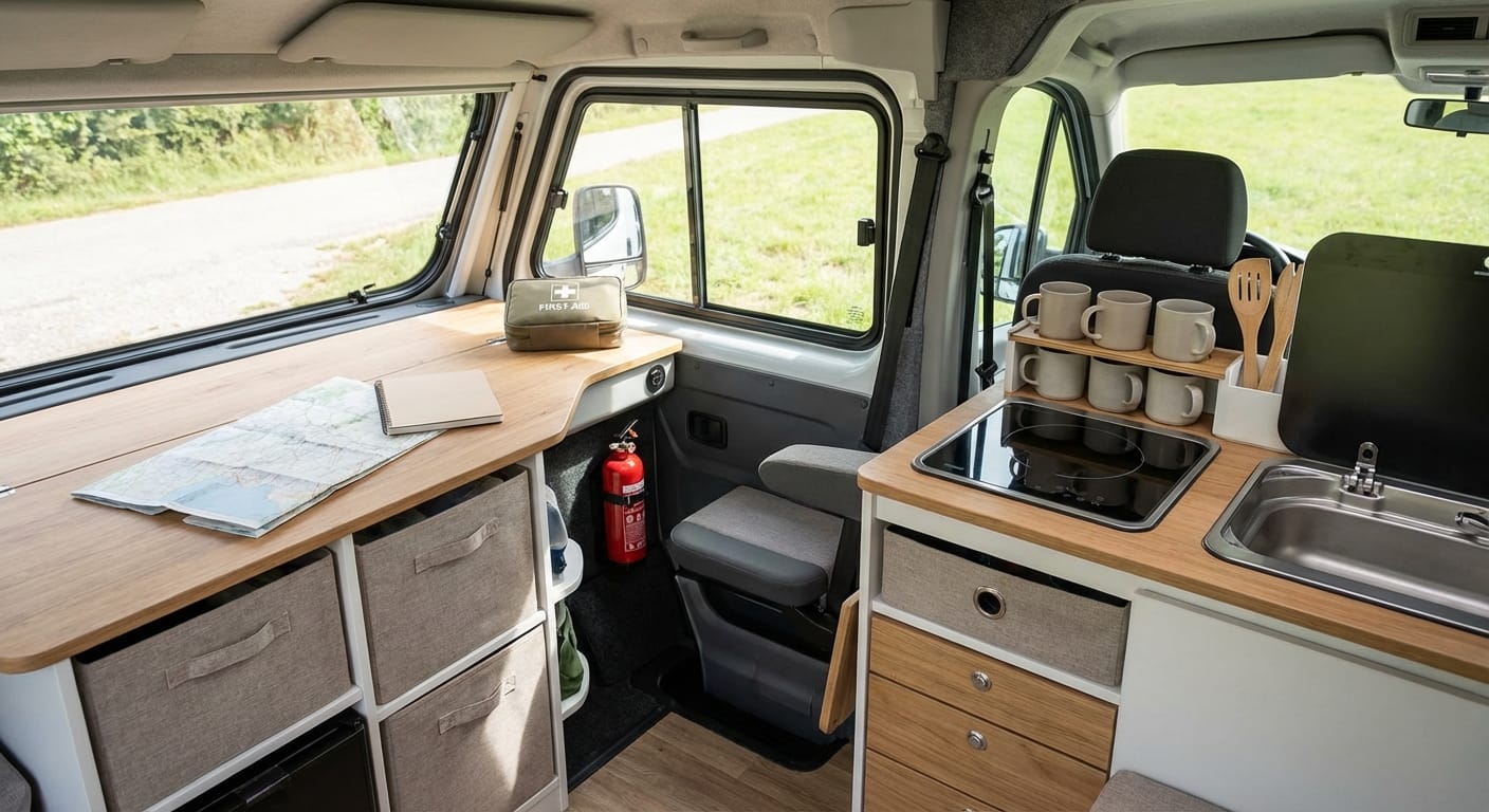Interior organizado de una autocaravana mostrando equipo esencial para viajes