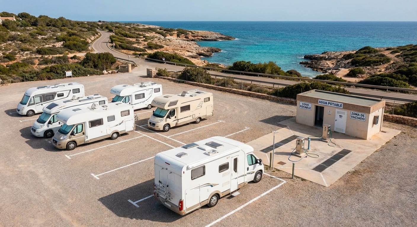 Vista aérea de un área de autocaravanas en España con vehículos estacionados y servicios