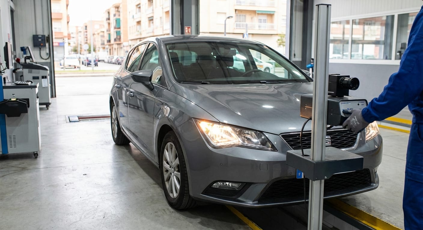 Técnico realizando verificación de luces y señalización durante una inspección ITV