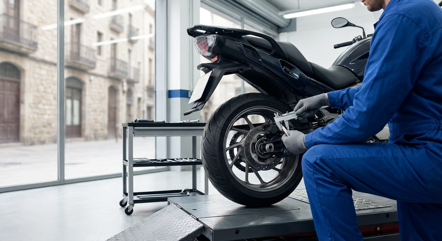 Revisión del sistema de frenos de una motocicleta durante la inspección técnica ITV