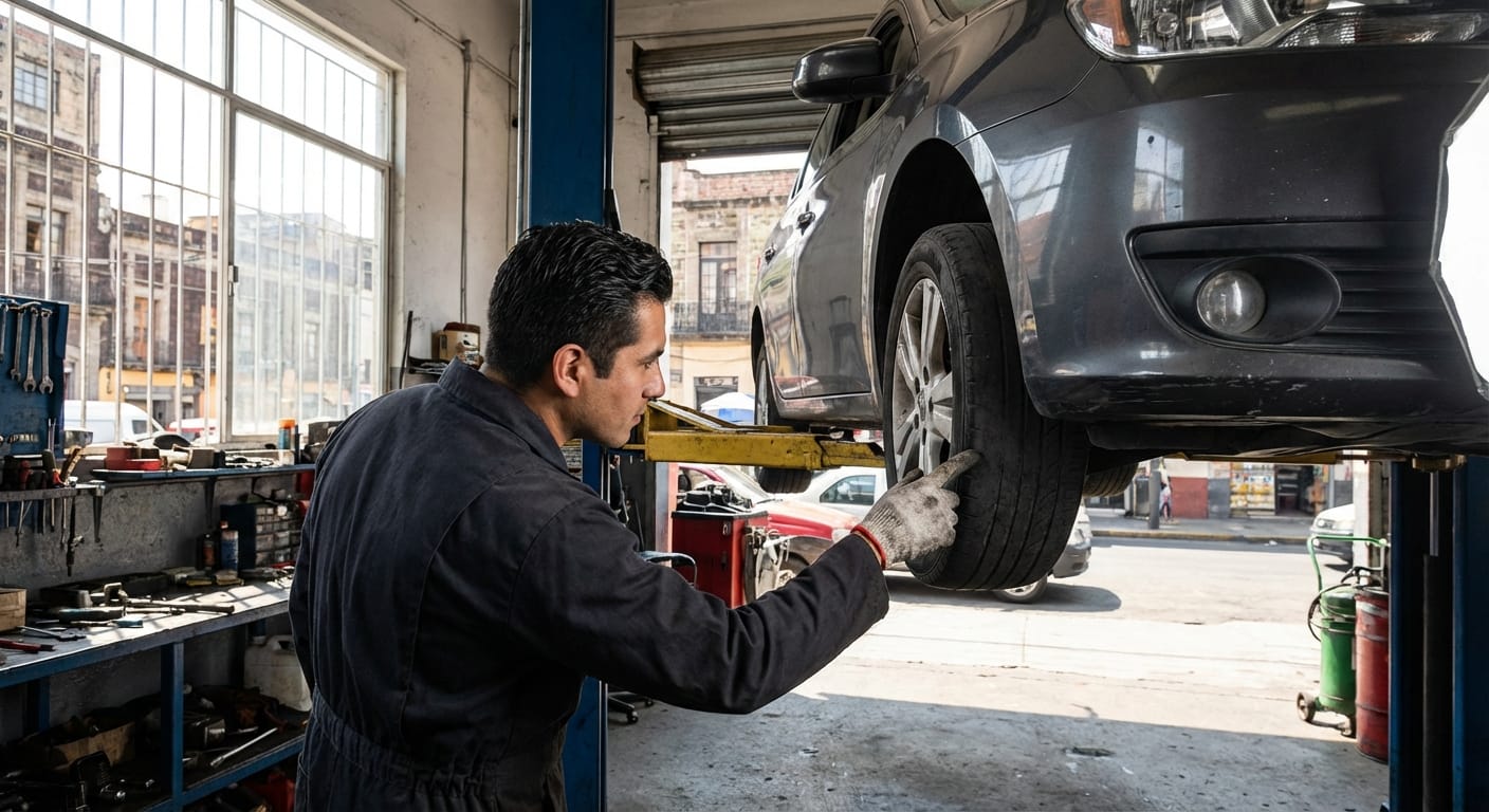 Mecánico señalando un defecto leve en un vehículo, como un neumático desgastado, en un taller de reparación