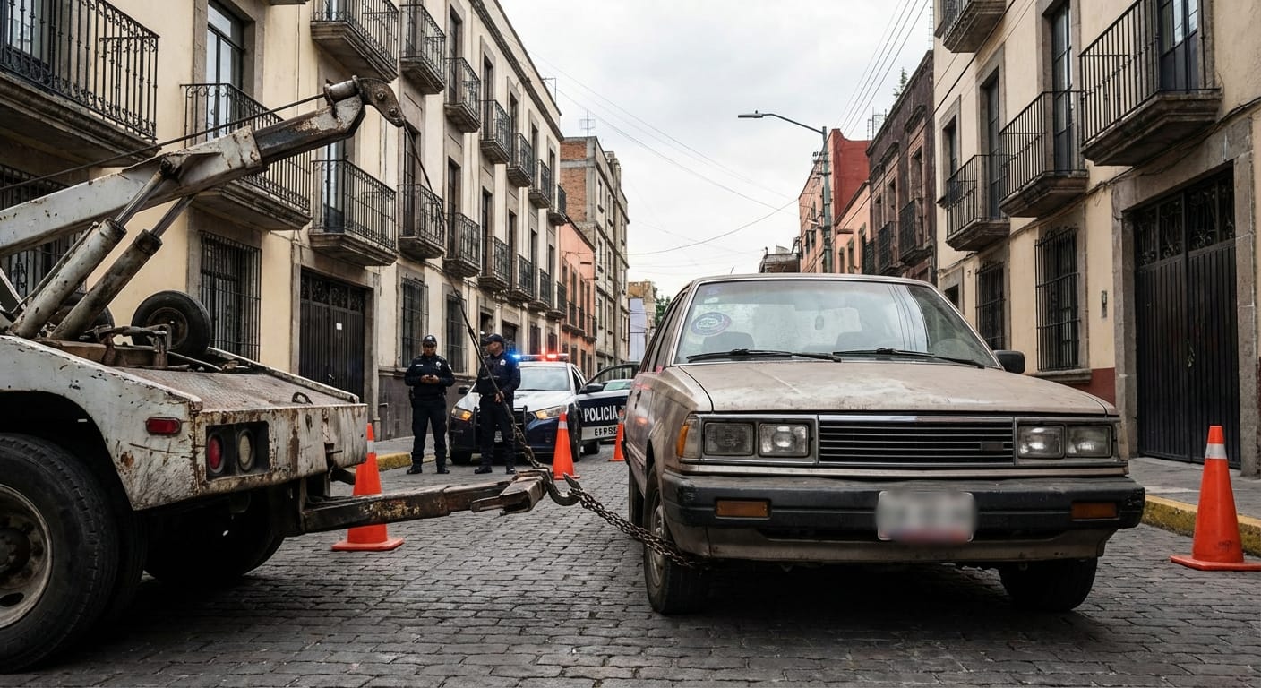 Grúa inmovilizando un vehículo sin la ITV en vigor durante un control de tráfico en una calle urbana
