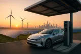 Auto eléctrico cargando en estación con paneles solares y turbinas eólicas al alba, ciudad futurista, movilidad eléctrica.