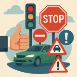 La imagen es una ilustración digital de estilo plano (flat design) que representa el tema de conducción segura y normativa vial.