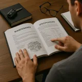 Un hombre hojea un manual automotriz abierto en páginas de mantenimiento y especificaciones, rodeado de llaves, gafas y una libreta sobre una mesa de madera.