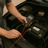 Manos firmes prueban batería con multímetro a 12.45V; cables limpios, terminales metálicos y motor expuesto revelan control y mantenimiento experto.