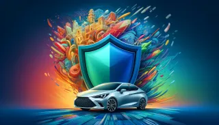 Una ilustración estilizada de un auto moderno bajo un escudo protector geométrico y colorido
