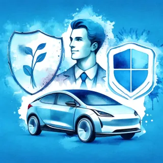 Collage que muestra tres elementos, un auto eléctrico tecnología avanzada, Un escudo seguridad, Una figura humana satisfecha.