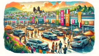  La imagen presenta un concesionario de autos lleno de actividad, con una variedad de coches en exhibición