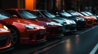Variedad de autos de lujo estacionados en fila