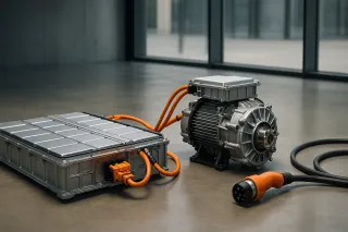 Componentes clave de vehículo eléctrico: batería, motor y conector de carga en entorno limpio y minimalista.
