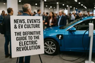 La imagen es una fotografía realista tomada durante un evento automotriz centrado en vehículos eléctricos (EV).