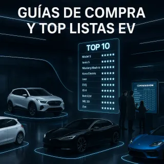 Una imagen envolvente que combina elegancia y tecnología: un showroom del futuro donde las guías de compra y listas top de autos eléctricos cobran vida en pantallas flotantes interactivas. 
