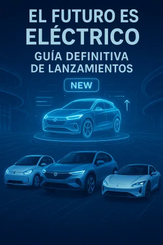 Una vitrina futurista que presenta los lanzamientos más esperados de autos eléctricos, destacando un modelo holográfico en el centro y tres EV reales en primer plano.