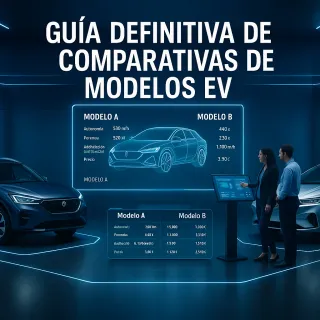 Comparativa futurista entre dos EVs, con datos proyectados y análisis en una sala tech iluminada en azul.