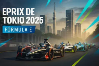 Póster E-Prix de Tokio 2025 Fórmula E: monoplazas eléctricos Mahindra lideran en circuito urbano con skyline y Skytree de Tokio.
