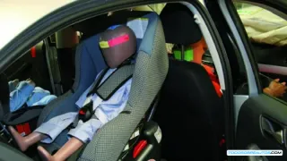 Niño pequeño correctamente asegurado en un Sistema de Retención Infantil (SRI) dentro de un vehículo.