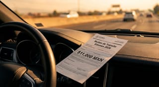 Multa de tránsito del Estado de México 2026 con monto elevado sobre el tablero de un auto, simbolizando el costo de las infracciones.