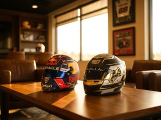 Transición simbólica de Checo Pérez de Red Bull a Cadillac F1 representada por cascos de carreras