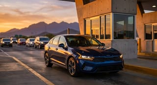Vista aérea de caseta de peaje en carretera mexicana al atardecer, autos formados para pagar