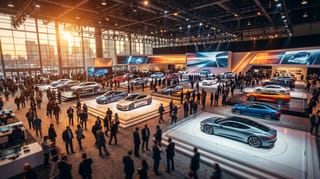 Vista aérea del Salón del Automóvil de Detroit (NAIAS) 2026, mostrando la feria automotriz con nuevos modelos y concept cars bajo luces de escenario