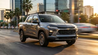 Chevrolet Montana 2026 en perfil, circulando por una avenida urbana moderna, destacando su diseño de Sport Utility Pickup (SUP)