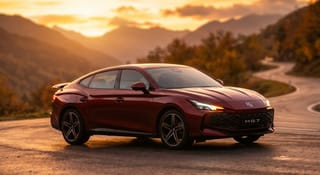MG MG7 2026 fastback deportivo en carretera de montaña al atardecer, mostrando su silueta aerodinámica y alerón trasero activo desplegado