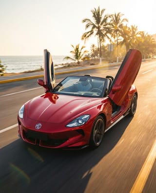 MG Cyberster 2026 Trophy AWD roadster eléctrico descapotable en carretera costera de México, mostrando su diseño futurista y puertas de tijera
