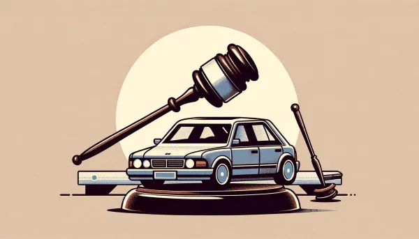 La imagen muestra un auto, junto con un mazo judicial, simbolizando las consecuencias de no tener el pedimento de un auto