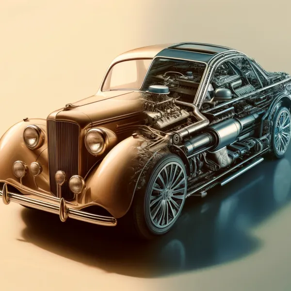 Una imagen realista que muestra la fusión de un automóvil clásico y uno moderno.