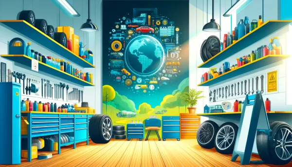 Imagen de un taller automotriz moderno y bien iluminado, con estanterías llenas de accesorios y herramientas para autos